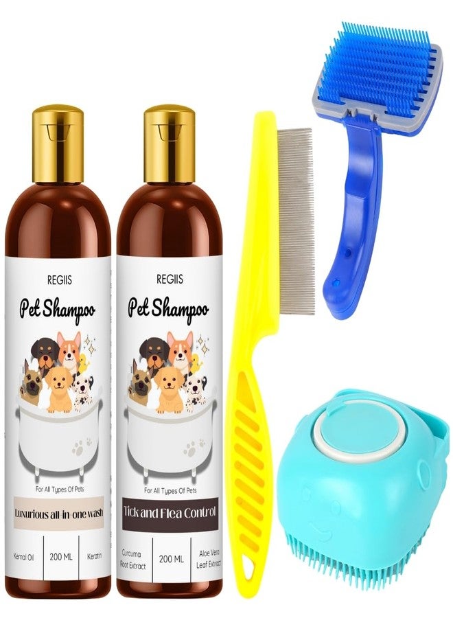 REGIIS Pet Shampoo Set with Grooming Tools, Tick and Flea Control, All-in-One Wash, 200 ML, Includes Self-Cleaning Brush, Flea Comb, Blue Deshedding Tool for Dogs(5 Pack)